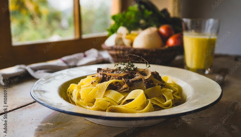Fresh Pappardelle al Cinghiale with Wild Boar Ragu, Captured in a Rustic Italian Countryside Kitchen with Wooden Decor and a Cozy Home-Cooked Feel Fresh Pappardelle al Cinghiale with Wild Boar Ragu, Captured in a Rustic Italian Countryside Kitchen with Wooden Decor and a Cozy Home-Cooked Feel