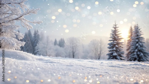 A whimsical winter scene in soft focus with a glittery background and subtle bokeh light featuring snow-covered trees, serene, bokeh, twinkling, shimmering, magical