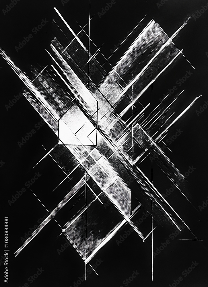 Obraz premium Black and white drawing of an abstract form. The figures have straight lines that create negative space between them. They seem to be made of glass or plastic, the surface of which reflects light. 
