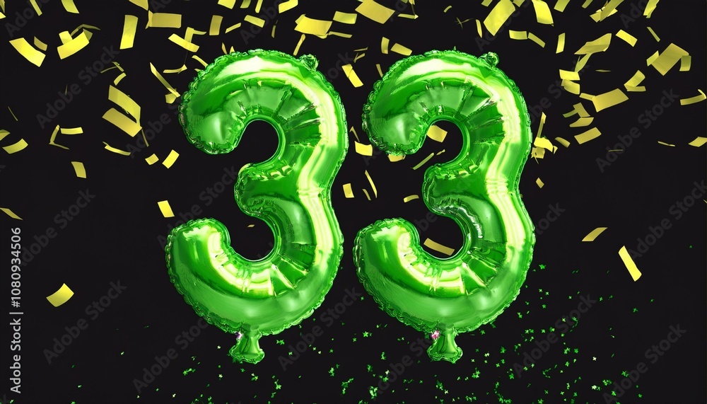 Green birthday / anniversary balloon, number 33, black background with confetti Green birthday / anniversary balloon, number 33, black background with confetti