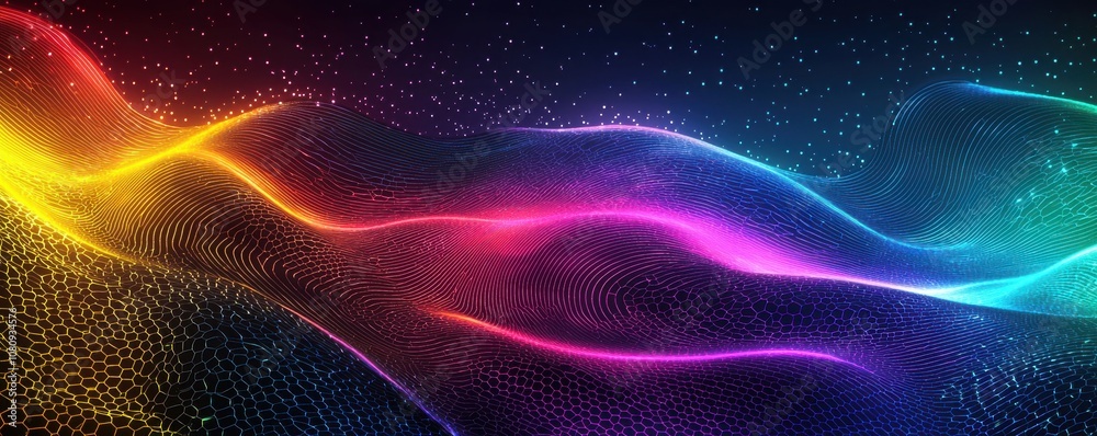 Vibrant background with neon lights and glowing hexagons Vibrant background with neon lights and glowing hexagons