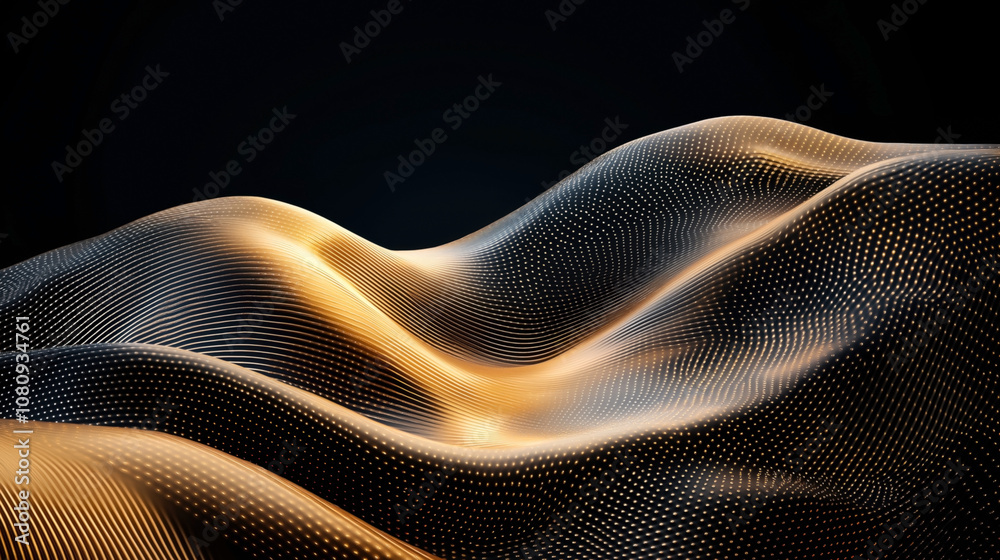 Abstract digital landscape with flowing waves and dotted patterns of golden and dark tones, creating a futuristic aesthetic on a black background. Abstract digital landscape with flowing waves and dotted patterns of golden and dark tones, creating a futuristic aesthetic on a black background.