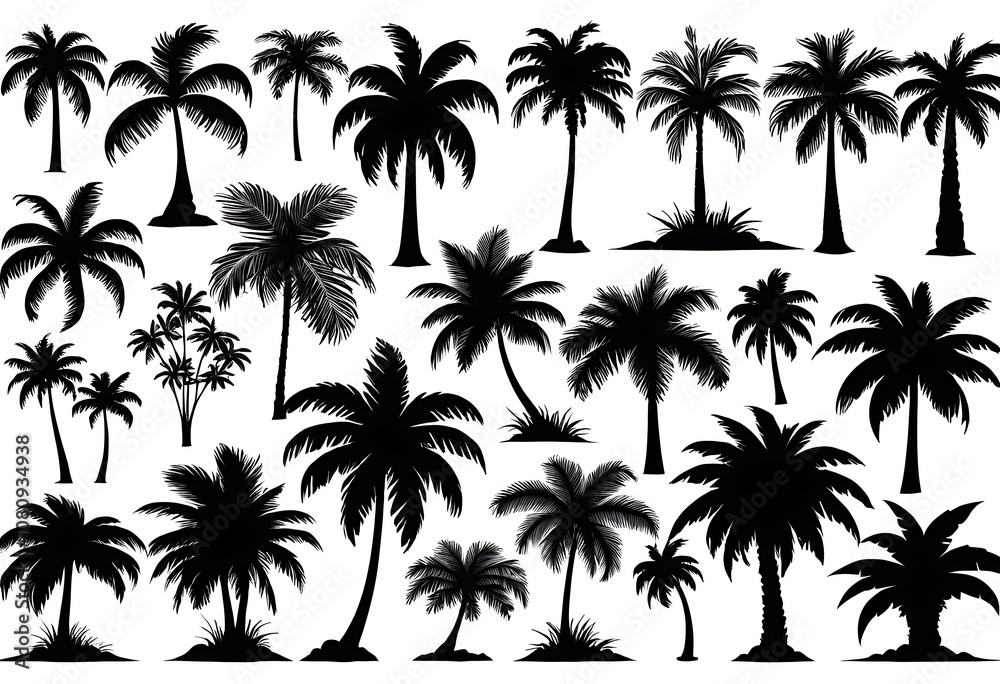 Palm trees silhouettes. Tropical leaves, retro palms tree and vintage silhouettes. Coconut palm, exotic lush sketch or hawaii coco palms. Vector illustration isolated icons set Palm trees silhouettes. Tropical leaves, retro palms tree and vintage silhouettes. Coconut palm, exotic lush sketch or hawaii coco palms. Vector illustration isolated icons set