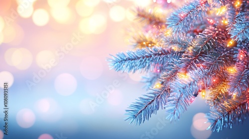 Close-up of a vibrant Christmas tree, twinkling lights softly glowing in the background.