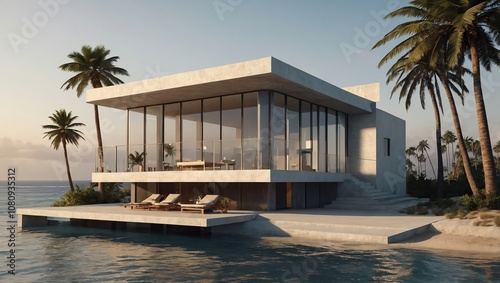 A modern, white house with a pool sits on a cliff overlooking the ocean.