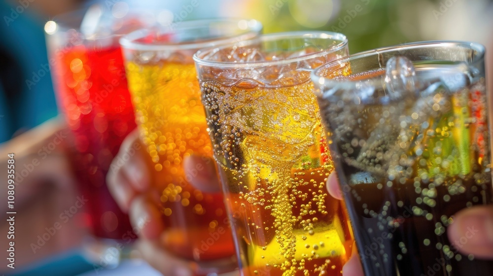 The soda samplers raise their glasses in a toast eagerly anticipating the first sip. The soda samplers raise their glasses in a toast eagerly anticipating the first sip.