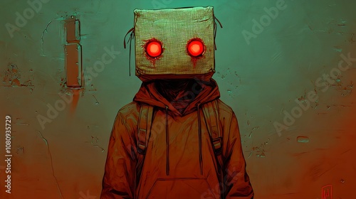 This image presents a striking and surreal depiction of a humanoid figure wearing a hooded jacket and a box-like headpiece with glowing red eyes. photo