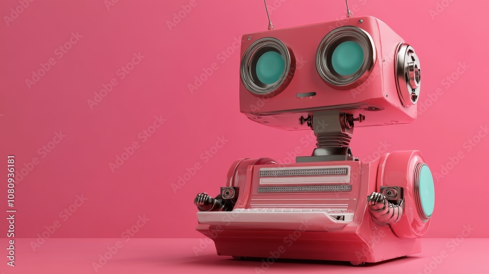Pink Retro Robot with Large Eyes and Metallic Accents Pink Retro Robot with Large Eyes and Metallic Accents