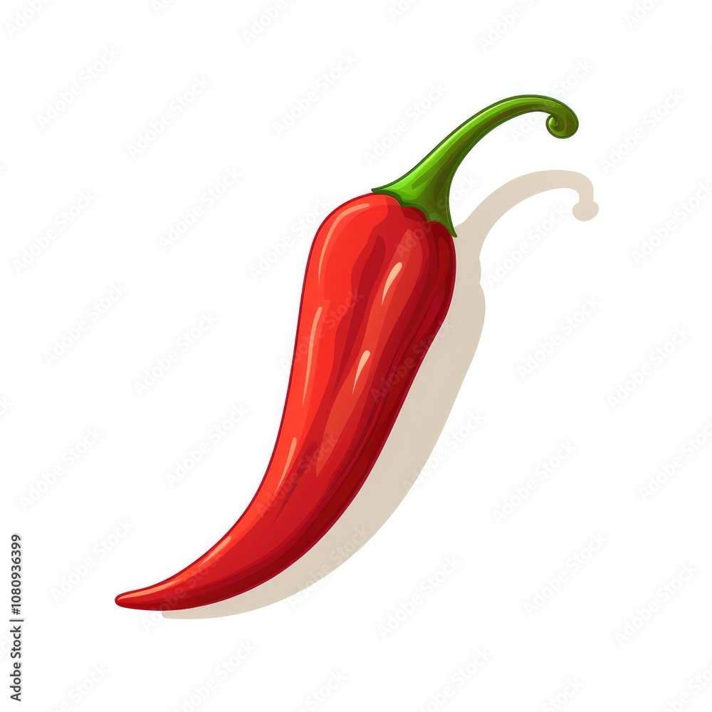 Bright Red Chili Pepper Illustration with Smooth Surface and Curved Stem, Perfect for Culinary and Spicy Food Visuals, Isolated on White Background Bright Red Chili Pepper Illustration with Smooth Surface and Curved Stem, Perfect for Culinary and Spicy Food Visuals, Isolated on White Background