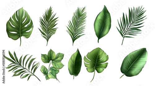Set of fresh tropical leaves on a transparent background. isolated background.