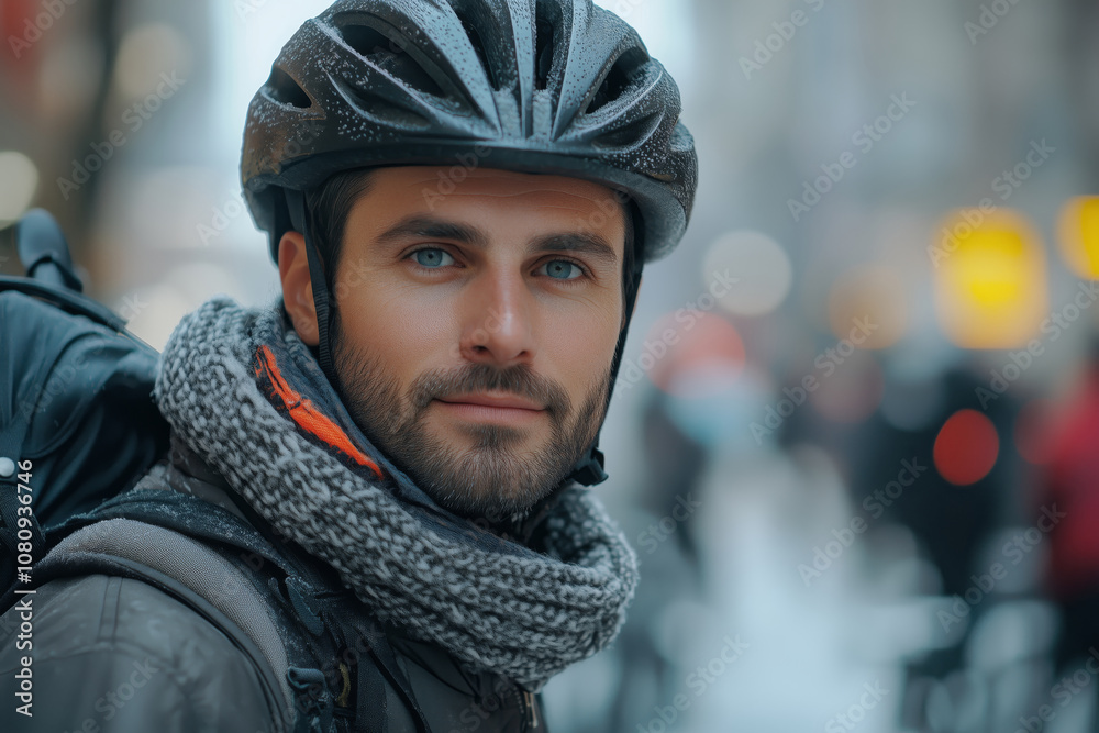 Young male bike messenger in a cozy sweater navigating snowy urban streets Young male bike messenger in a cozy sweater navigating snowy urban streets