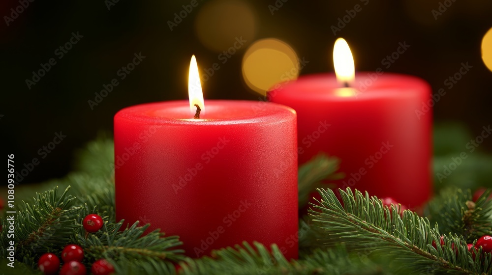 Lit candles on a Christmas wreath adorned with pine branches and berries.