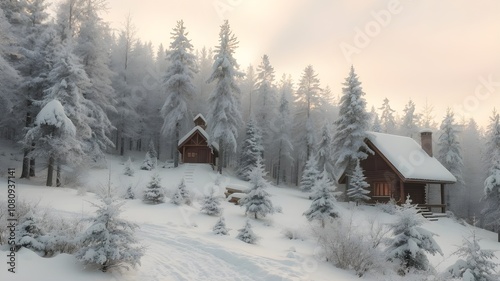 Winter wonderland scene with cozy cottage, snow-covered path lined by frosty pine trees and soft, falling snow. Winter landscape, soft sunrise light in winter forest. Snowy landscape.