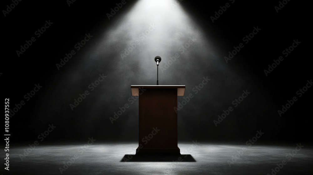 A dramatic view of a podium under a spotlight in a dark setting, ideal for presentations, speeches, or events emphasizing authority and focus, This image can enhance promotional materials or articles