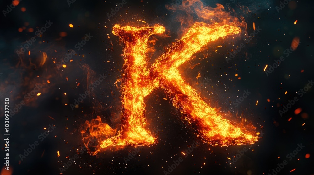Flaming letter K created from vibrant fire and glowing embers