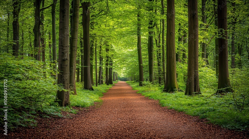 Walkway in a green spring beech forest in Leuven, Belgium. Atmospheric landscape for eco tourism. Walkway in a green spring beech forest in Leuven, Belgium. Atmospheric landscape for eco tourism.