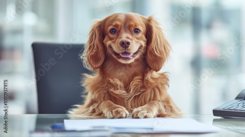 dog sitting a desk acting like a leader