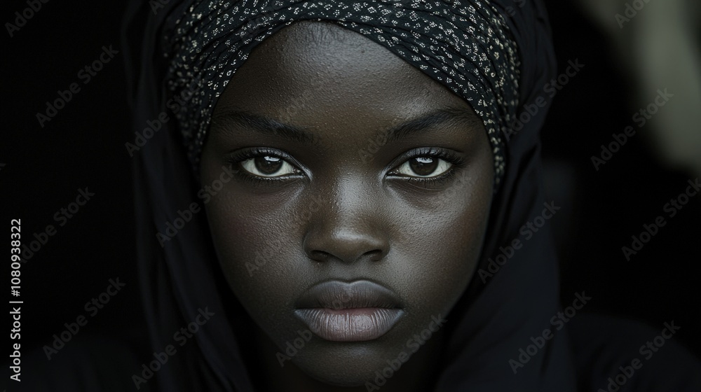 A close-up portrait of a young girl wearing a dark headscarf, displaying striking facial features and expressive eyes, This image can be used for cultural representation, beauty campaigns A close-up portrait of a young girl wearing a dark headscarf, displaying striking facial features and expressive eyes, This image can be used for cultural representation, beauty campaigns