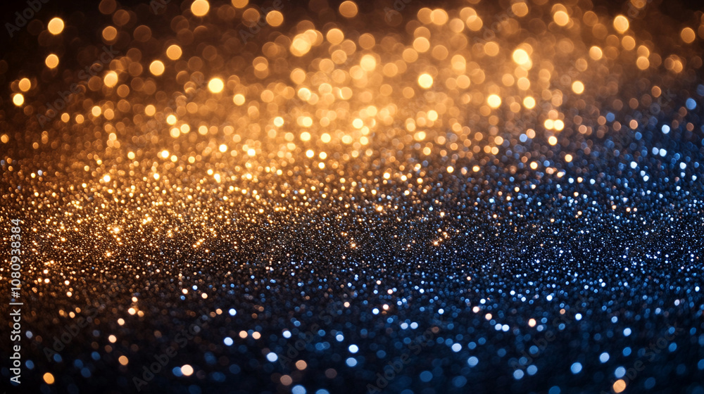Abstract glowing bokeh lights and particles in blue and gold colors, creating a sparkling and festive background Abstract glowing bokeh lights and particles in blue and gold colors, creating a sparkling and festive background