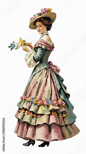 victorian lady with flowers vector illustration