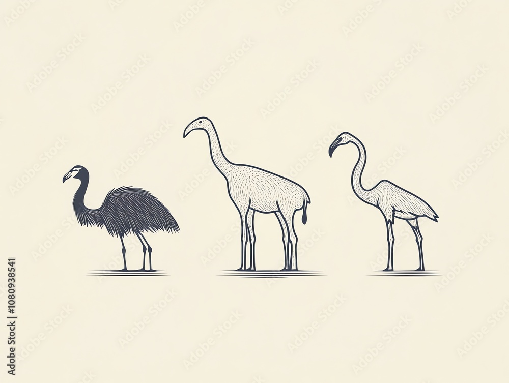Line drawing illustration of three birds an ostrich, a flamingo, and a prehistoric bird. Line drawing illustration of three birds an ostrich, a flamingo, and a prehistoric bird.