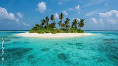 Vacation on a deserted tropical island with clear blue waters.