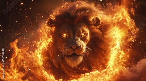 Majestic lion symbolizing power and belief surrounded by flames heralding a triumphant and glorious return photo