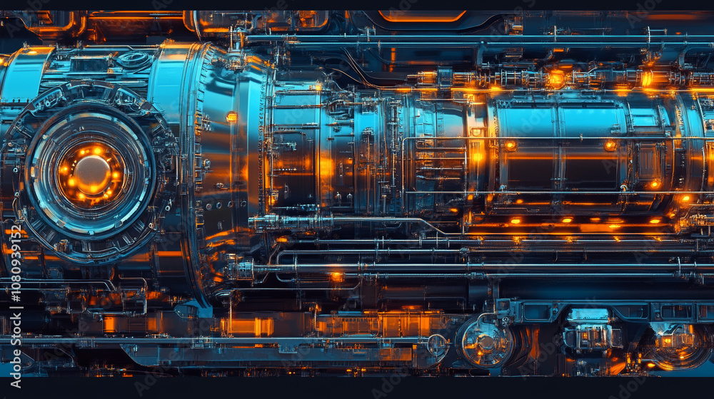 Futuristic Hydrogen Train Engine: 3D Render, Blue and Orange, Mechanical Details Futuristic Hydrogen Train Engine: 3D Render, Blue and Orange, Mechanical Details
