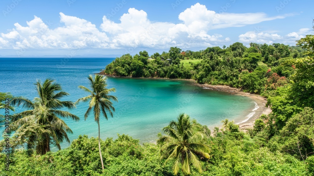 Aerial view of a serene beach, encircled by lush trees, meeting a tranquil water body. Aerial view of a serene beach, encircled by lush trees, meeting a tranquil water body.