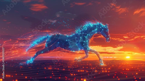 A digital horse made of lines and dots running across a field at sunset. photo