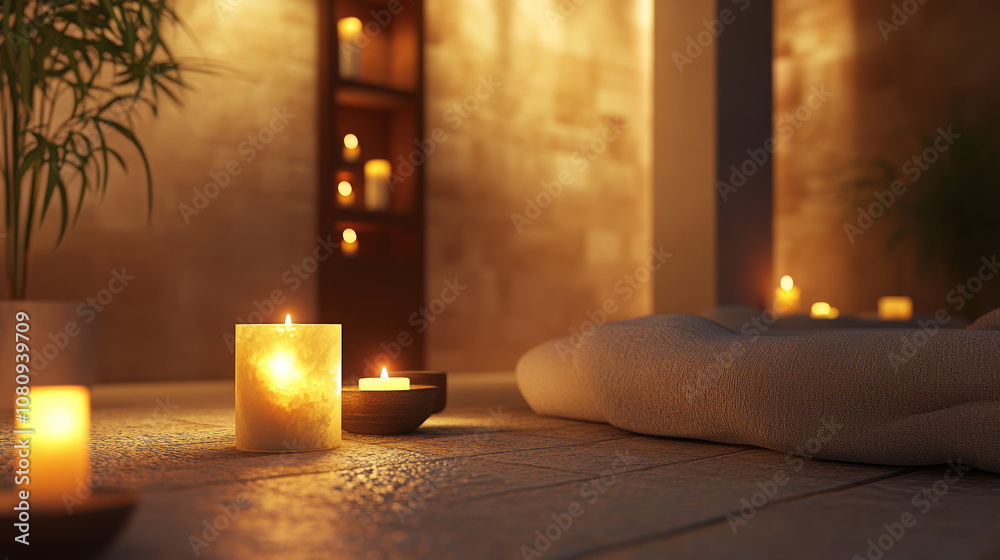 Spa Relaxation: Candles, Warm Beige Tones, Ayurvedic Treatment Room