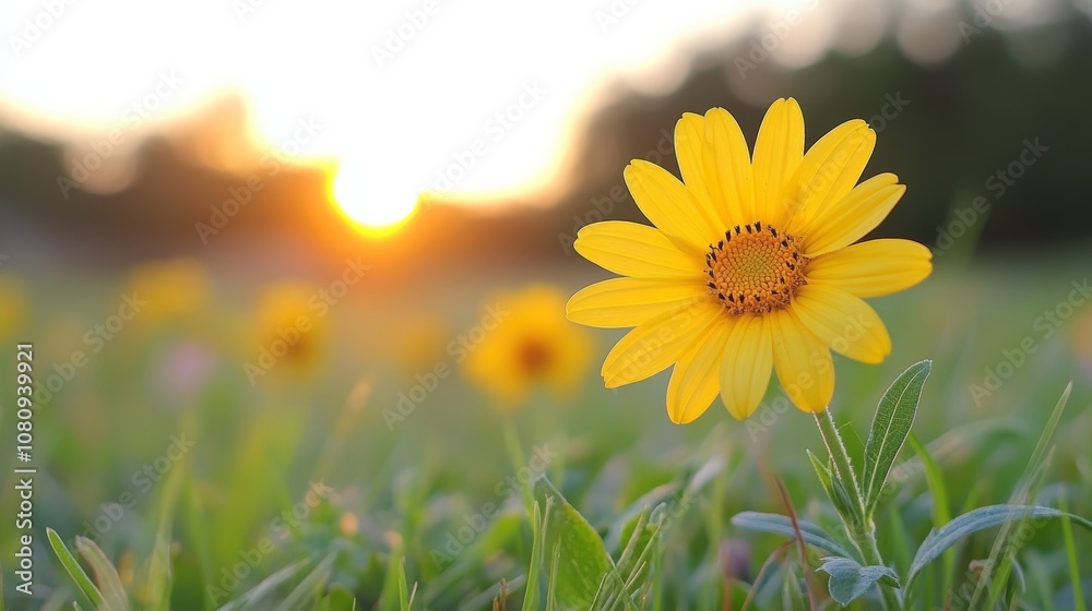 Fototapeta premium Vibrant yellow flower standing out in a lush green field.