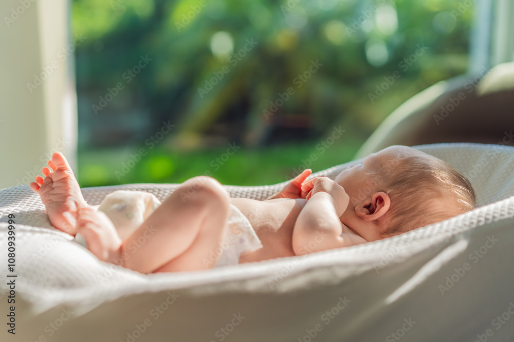 Baby basks in the sun, absorbing vitamin D. This sunny moment highlights the importance of natural light for the baby's health and development, promoting overall well-being and joy