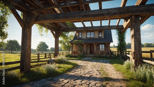 A rustic wooden farmhouse with stone accents sits in a grassy field.