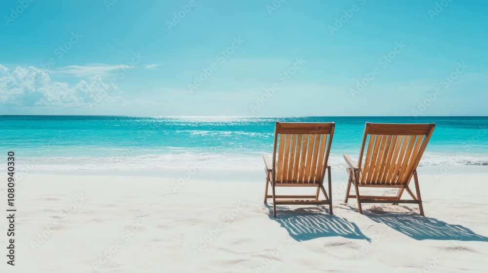 Two chairs face the ocean on a sandy beach under a clear blue sky. Two chairs face the ocean on a sandy beach under a clear blue sky.