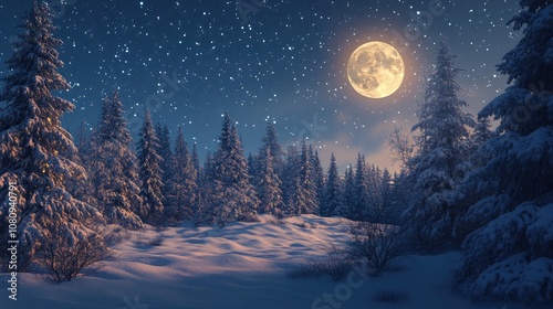 Enchanting winter night in a snowy forest under a starry sky and a radiant full moon evoking a festive spirit and fresh ideas for the upcoming New Year