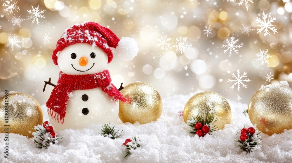 Snowman adorned with a red hat and scarf, cheerfully standing in a snowy landscape. Snowman adorned with a red hat and scarf, cheerfully standing in a snowy landscape.
