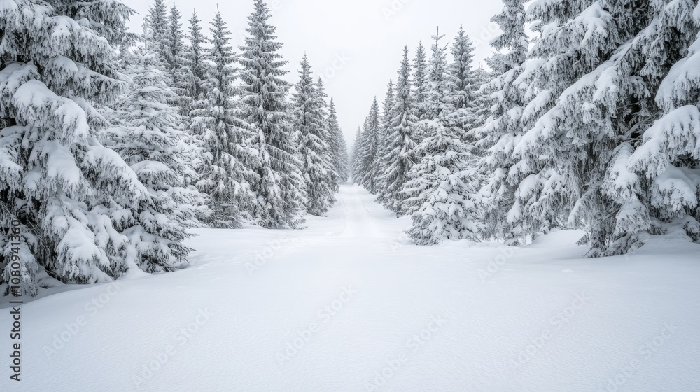 Skier glides down a snowy trail flanked by dense trees. Skier glides down a snowy trail flanked by dense trees.