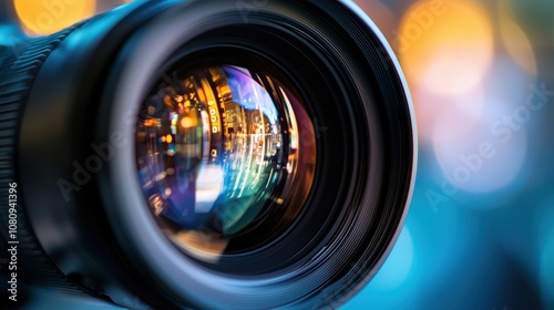 Close-up of a video camera lens with detailed focus.