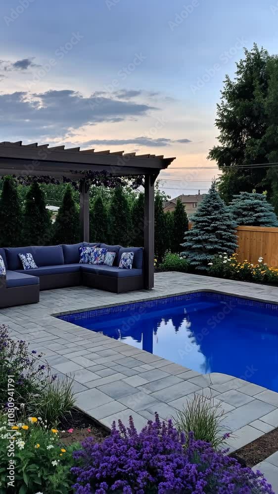 A relaxing evening by the pool with a comfortable couch under a pergola