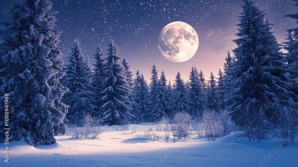 Enchanting winter night in a snowy forest under a starry sky and a radiant full moon evoking a festive spirit and fresh ideas for the upcoming New Year