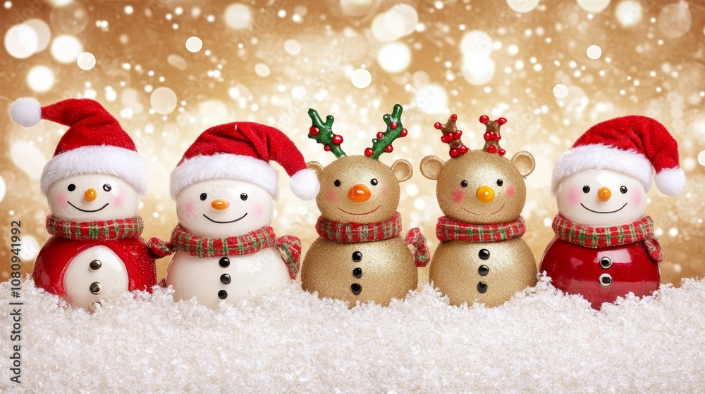 Four snowmen in Santa hats and scarves, cheerfully dotting a snowy landscape. Four snowmen in Santa hats and scarves, cheerfully dotting a snowy landscape.