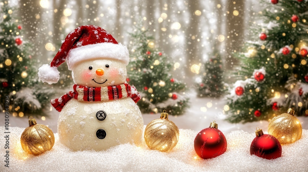 Snowman adorned with a cozy hat and scarf stands in a pristine snowy landscape. Snowman adorned with a cozy hat and scarf stands in a pristine snowy landscape.