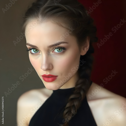 Una chica linda con una larga trenza y labios muy rojos