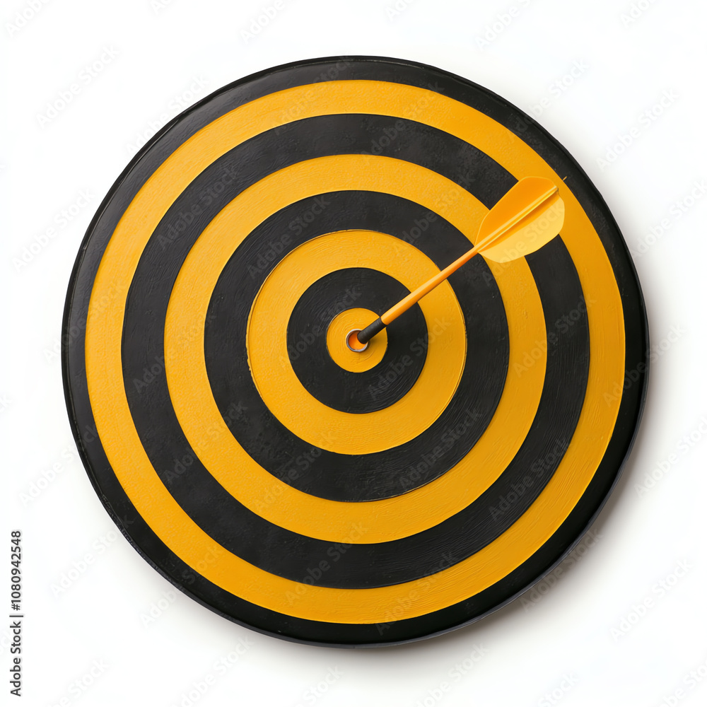 Yellow and Black Bullseye Target with Dart Hitting Center on White Background Yellow and Black Bullseye Target with Dart Hitting Center on White Background