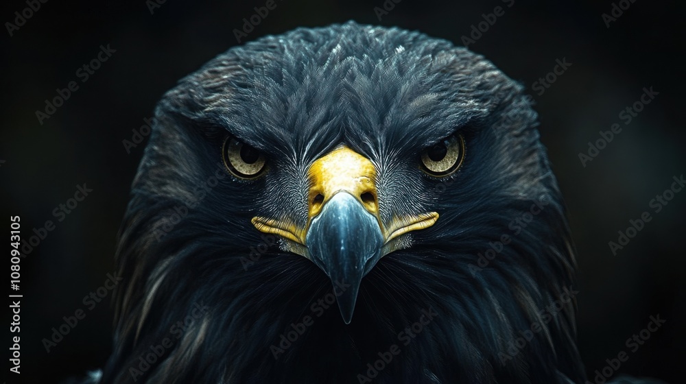 Fototapeta premium A close-up portrait of a hawk's face, its piercing gaze and sharp beak are accentuated against a dark background.