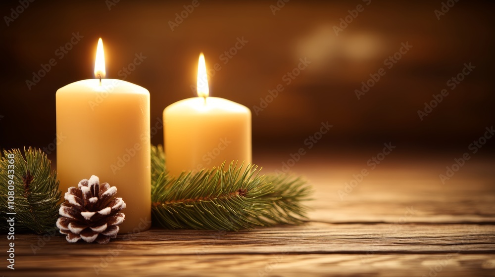 Candles glow on a rustic table adorned with pine cones and needles. Candles glow on a rustic table adorned with pine cones and needles.