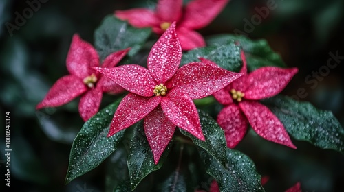 Fototapeta Naklejka Na Ścianę i Meble -  Vibrant red flowers bloom amidst lush green foliage.