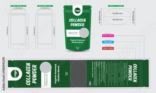 Collagen powder pouch design template, pouch packaging mockup, 100% pure , food and product branding design