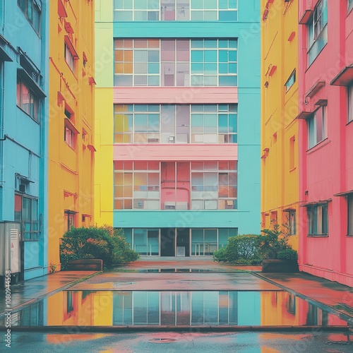 Vibrant urban reflection modern apartment complex photography cityscape aesthetic viewpoint contemporary design photo